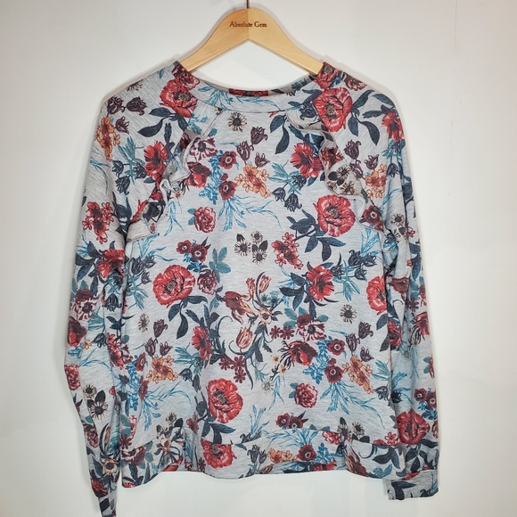 Signature Studio gray floral lightweight ruffled long sleeve sweatshirt small - Picture 1 of 14